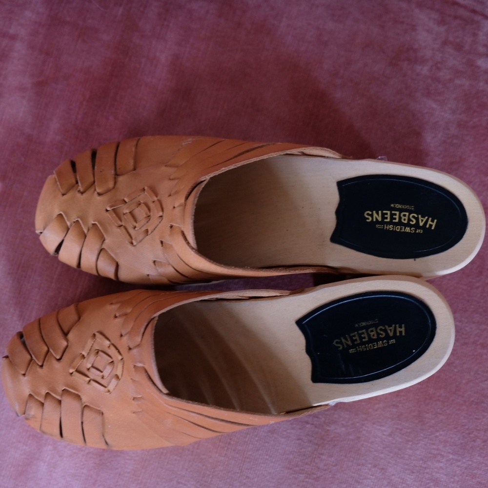 Swedish Hasbeens Haurache Woven Mule Clogs
